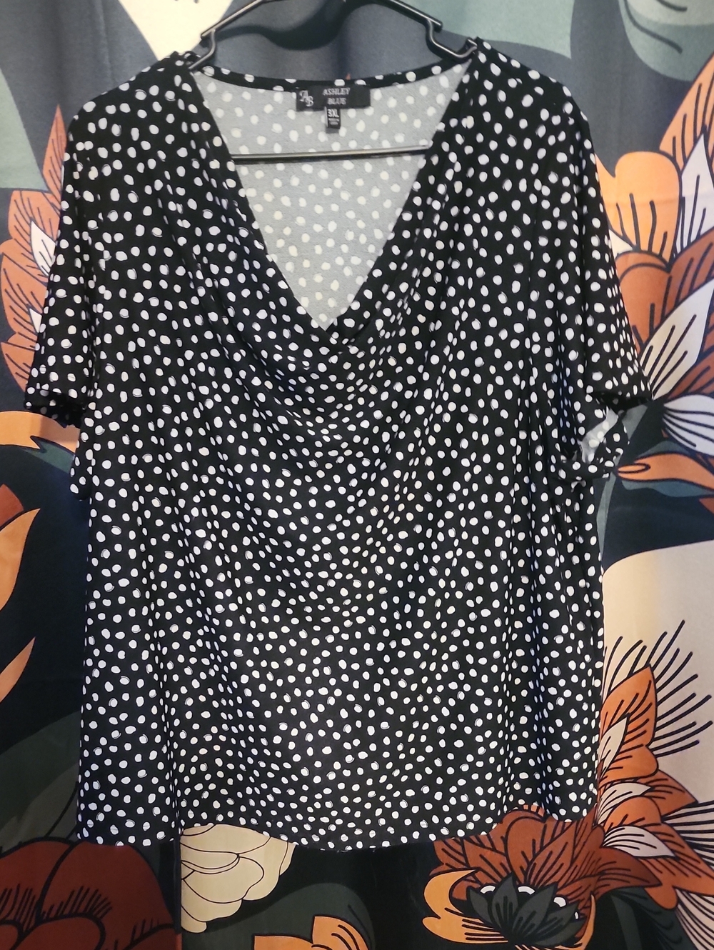 Ashley Blue Black and White Polka Dot Drape V-Neck Top